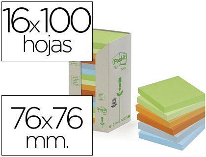 16 blocs de 100 notas adhesivas quita y pon Post-it 76x76mm. recicladas colores pastel